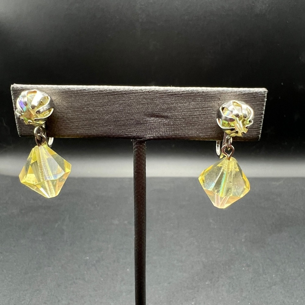 Vintage Yellow Clip On Earrings Yellow Stone Dangle Drop Silver Tone